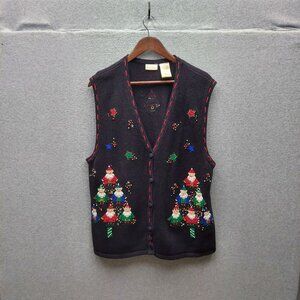 Vintage Christmas Gnome Graphic Knit Vest Button-Up Black Sweater